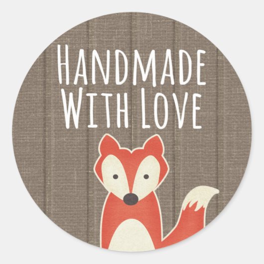 Handgemaakt met Love Red Fox op Rustic Wood Kinder Ronde Sticker (Voorkant)