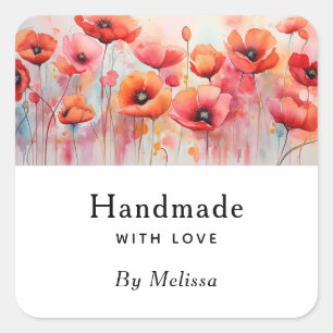 Handgemaakt met Love Red Waterverf Poppies Vierkante Sticker
