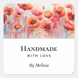 Handgemaakt met Love Red Waterverf Poppies Vierkante Sticker