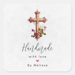 Handgemaakt met Love Wooden Cross met Flowers Vierkante Sticker