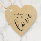 Handgemaakt met Love Zwart Script Kraft Heart Bedankjes Labels (Voorkant)