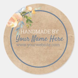 Handgemaakt Product Blauw en Perzik Bloemen Kraft  Ronde Sticker
