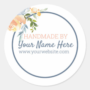Handgemaakt Product Blauw en Perzik Bloemen Ronde Sticker