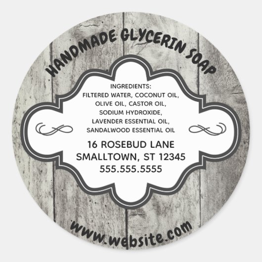 Handgemaakt zeepetiket rustiek grijs hout op maat ronde sticker (Voorkant)