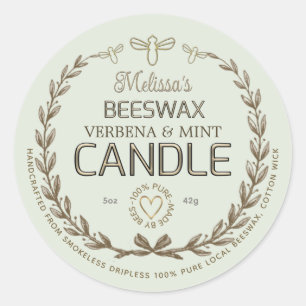 Handgemaakte bijenwas-kaars  met baard hart ronde sticker