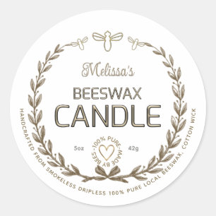 Handgemaakte bijenwas-kaars met baard hart ronde sticker