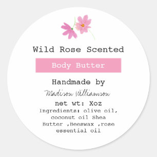 Handgemaakte body butter roze bloem ingrediëntenli ronde sticker
