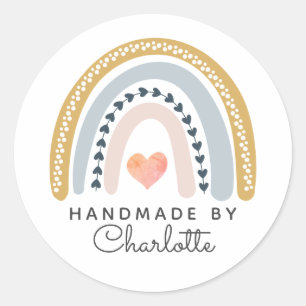 Handgemaakte Boho Waterverf regenboog en roze hart Ronde Sticker