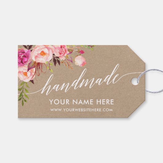 Handgemaakte kalligrafie roze bloemenkraft Labels Cadeaulabel (Voorkant (Horizontaal))