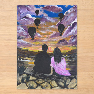 Handgemaakte Kunst – Samen bij Zonsondergang Acryl Uitnodigingen
