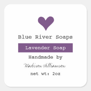 Handgemaakte lavendelzeep paarse hart vierkante sticker
