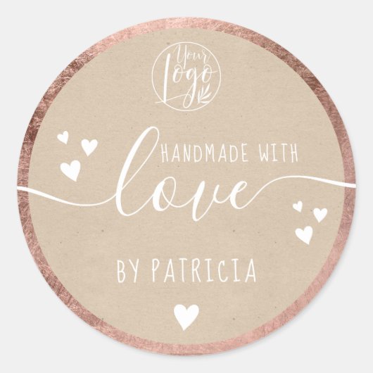 Handgemaakte liefdesscript logo harten roosgoud kr ronde sticker (Voorkant)