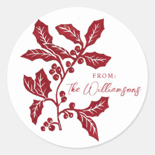Handgemaakte linocut holly Kerstmis / vakantie Ronde Sticker