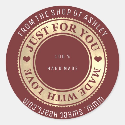Handgemaakte Logo Naam Web Heart Love Maroon Gold1 Ronde Sticker (Voorkant)
