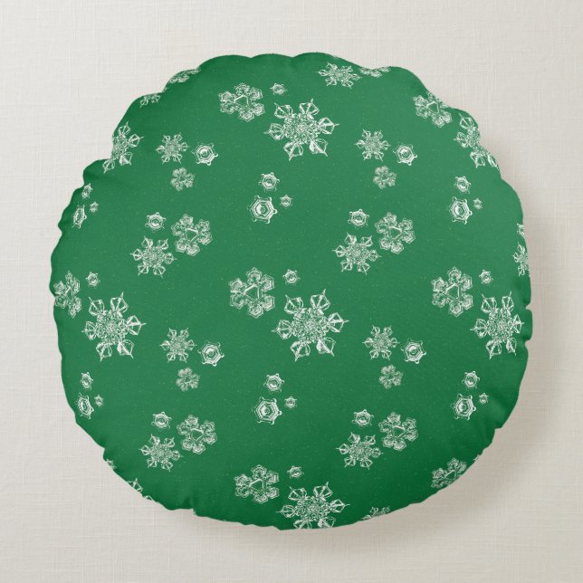 Handgemaakte Sneeuwvlokvlagen - Helder Groen & Wit Rond Kussen (Voorkant)