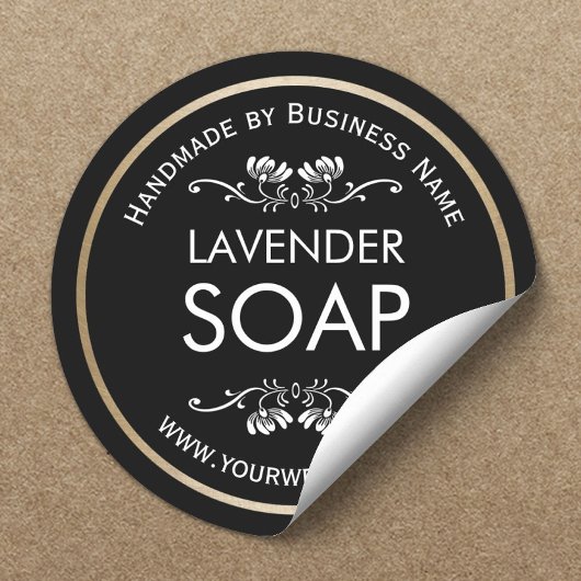 Handgemaakte zeep  Floral Plain Black Ronde Sticker