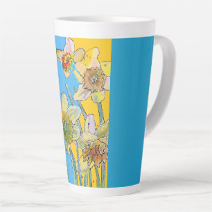 Handgeschilde Blauwgroen Geel Daffodil florale Lat Latte Mok