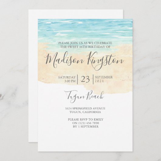 Handgeschilde Waterverf Blauw strand 16 Invite Kaart (Voorkant / Achterkant)