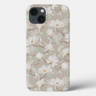 Handgeschilde witte Magnolia op Blush Beige iPhone 13 Hoesje