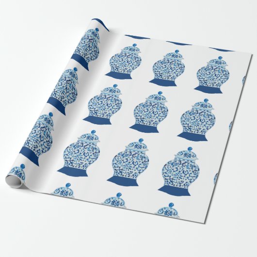 Handgeschilderd blauw en witte gember pot cadeaupapier (Uitgerold)