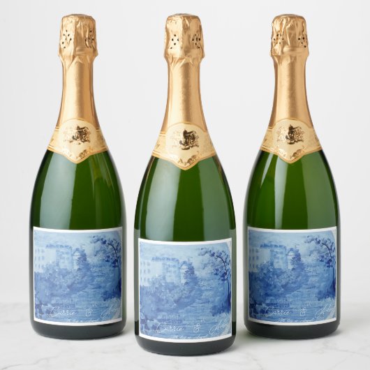 Handgeschilderd blauw Wilde Ginger Jars Toile Sparkling Wijnetiket (Flessen)