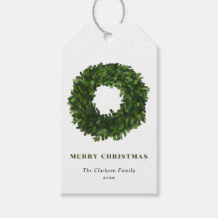 Handgeschilderd Boxwood Wreath Merry Kerstmis Cadeaulabel