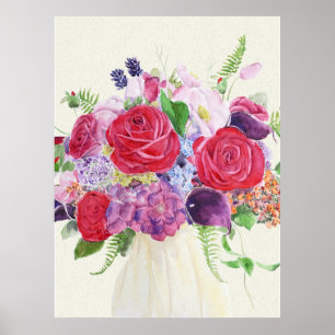 Handgeschilderd rood roos magenta hortensia boeket poster