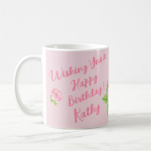 Handgeschilderd Waterverf Roos HAPPY BIRTHDAY Koffiemok