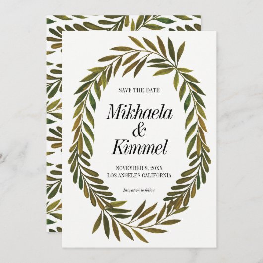 Handgeschilderde bladeren Save the Date Invitation Kaart (Voorkant / Achterkant)