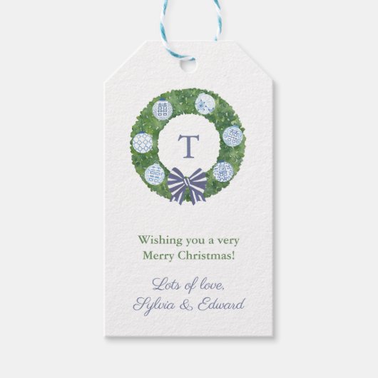 Handgeschilderde Boxwood Krans Ginger Jar Kerstmis Cadeaulabel (Voorkant)