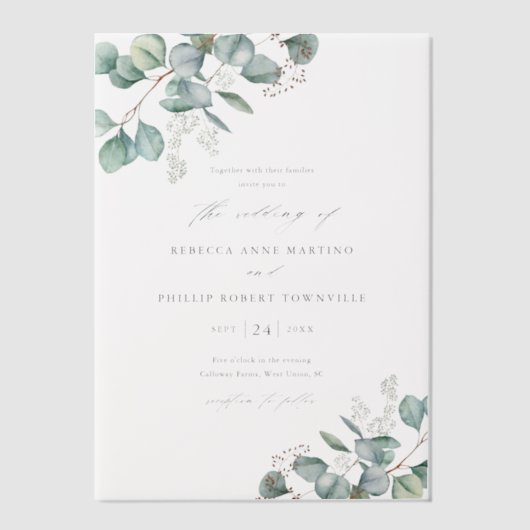 Handgeschilderde eucalyptusbruiloft vellum uitnodigingen (Voorkant)