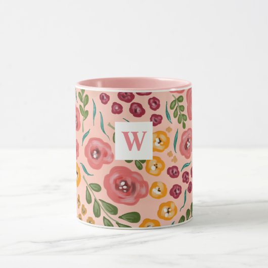 Handgeschilderde Floral Blush Roze Naam Monogram M Mok (Midden)