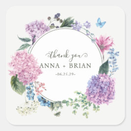 Handgeschilderde Hydrangea Floral Wedding Bedankt Vierkante Sticker