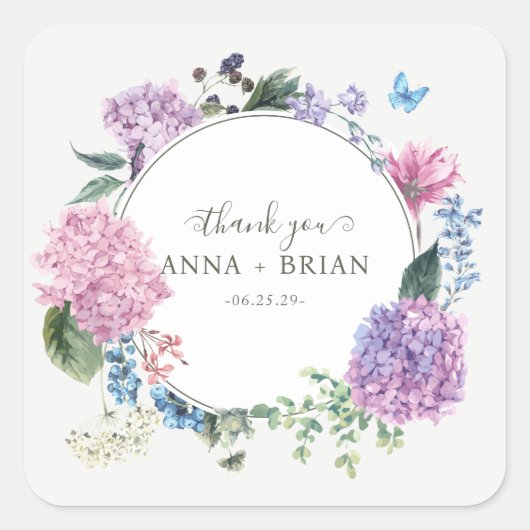 Handgeschilderde Hydrangea Floral Wedding Bedankt Vierkante Sticker (Voorkant)