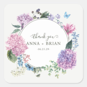 Handgeschilderde Hydrangea Floral Wedding Bedankt Vierkante Sticker
