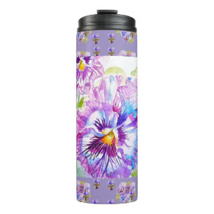 Handgeschilderde paarse driekleur viooltje bloemen thermosbeker