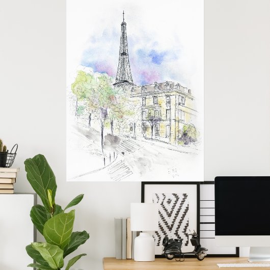 Handgeschilderde Paris Eiffel Tower straathoek ink Poster (Thuiskantoor)