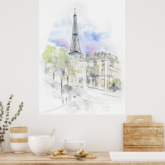 Handgeschilderde Paris Eiffel Tower straathoek ink Poster (Keuken)