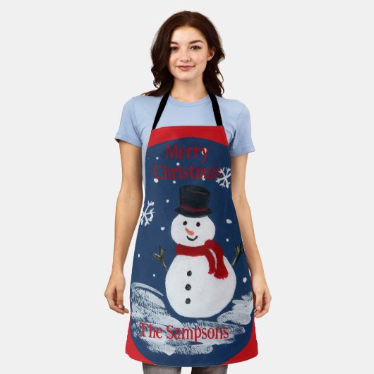 Handgeschilderde Sneeuwman Rood PERSONALISEREN Schort (Gedragen)