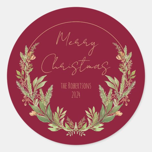 Handgeschilderde Waterverf Greenery Kerstkrans Ronde Sticker (Voorkant)