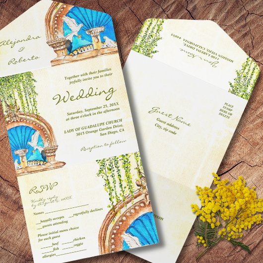 Handgeschilderde Waterverf Old Mexico bruiloft All In One Uitnodiging