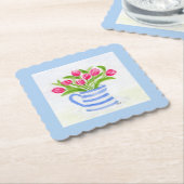 Handgeschilderde Waterverf Tulpen, Blue Stripe Pit Kartonnen Onderzetters (Gebogen)