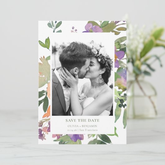 Handgeschilderde zachte Waterverf bloementuin foto Save The Date (Staand voorkant)