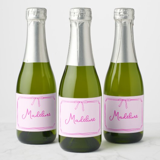 Handgeschreven aangepaste naam Bow Mini Champagne Sparkling Wijnetiket (Flessen)