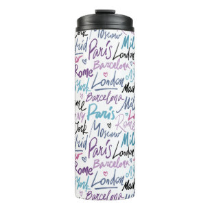 Handgeschreven beroemde steden van het Wereld Patr Thermosbeker