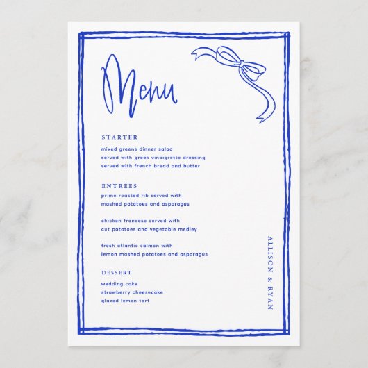 Handgeschreven Blauwe Franse Bruiloft Tafel Menu (Voorkant)