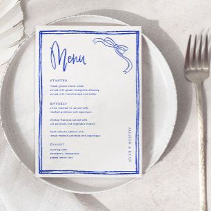 Handgeschreven Blauwe Franse Bruiloft Tafel Menu