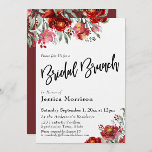 Handgeschreven Bridal Brunch Burgundy Red Flowers Kaart