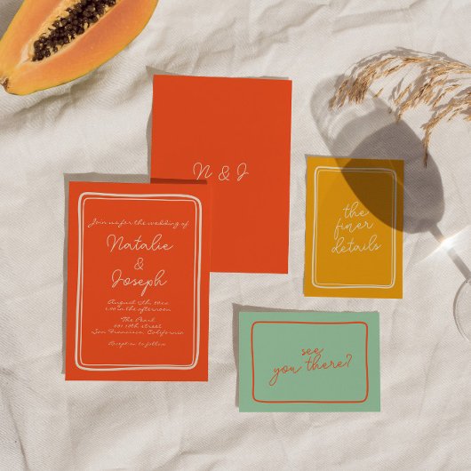Handgeschreven Bright Oranje Retro Unique Wedding  Kaart
