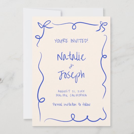  handgeschreven, eigentijdse funky bruiloft save the date (Achterkant)